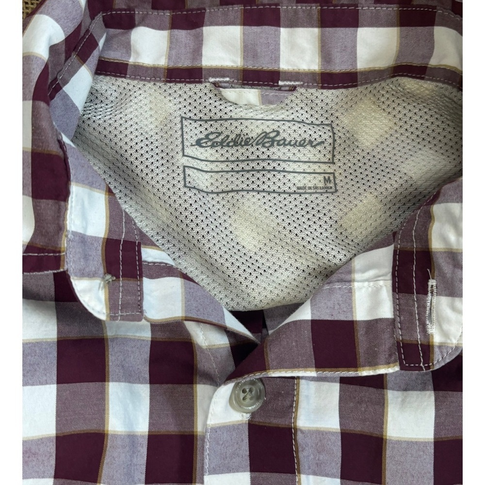 Mens Eddie Bauer Burgundy White Checkered Plaid Button Up Shirt Sz Medium Preppy - Picture 2 of 6